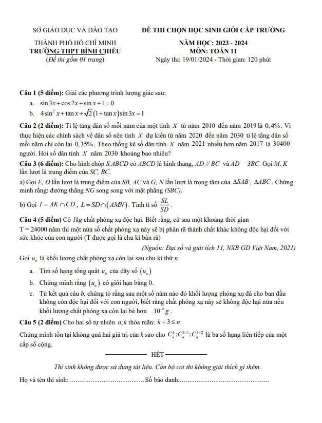Đề học sinh giỏi Toán 11 năm 2023 – 2024 trường THPT Bình Chiểu – TP HCM