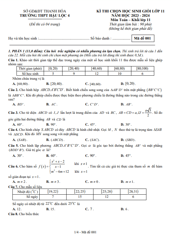 Đề học sinh giỏi Toán 11 năm 2023 – 2024 trường THPT Hậu Lộc 4 – Thanh Hóa