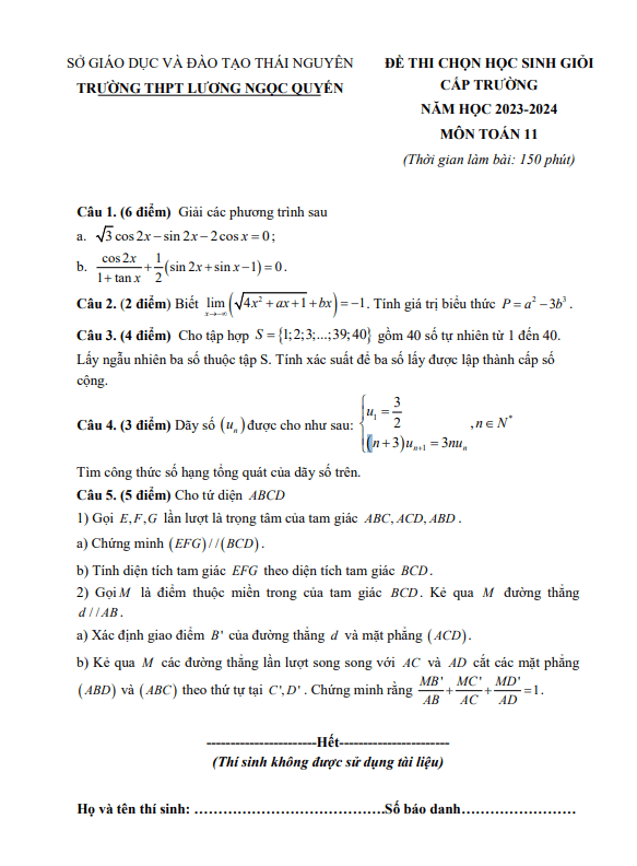 Đề học sinh giỏi Toán 11 năm 2023 – 2024 trường THPT Lương Ngọc Quyến – Thái Nguyên