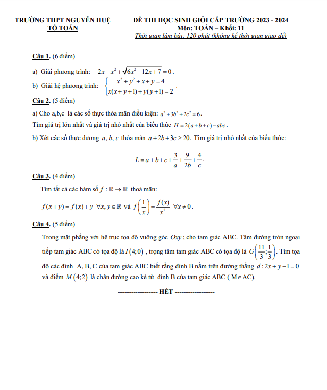 Đề học sinh giỏi Toán 11 năm 2023 – 2024 trường THPT Nguyễn Huệ – Phú Yên