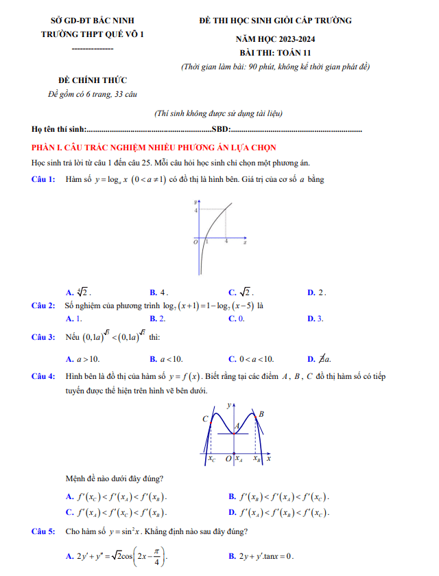 Đề học sinh giỏi Toán 11 năm 2023 – 2024 trường THPT Quế Võ 1 – Bắc Ninh