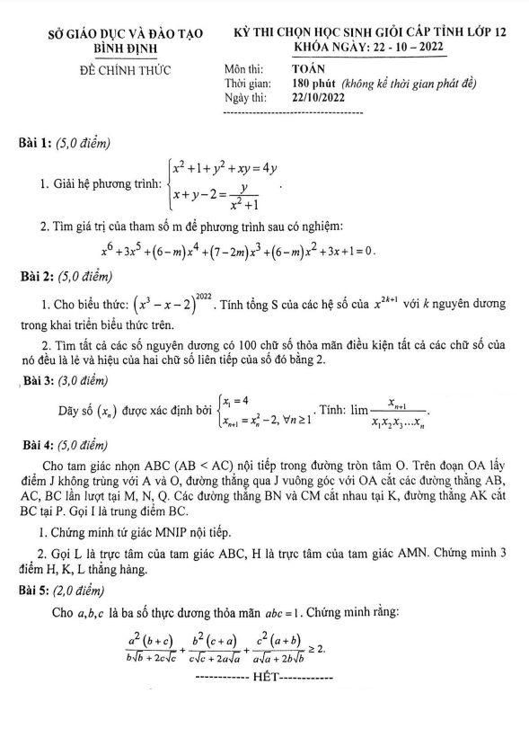 Đề học sinh giỏi Toán 12 cấp tỉnh năm 2022 – 2023 sở GD&ĐT Bình Định