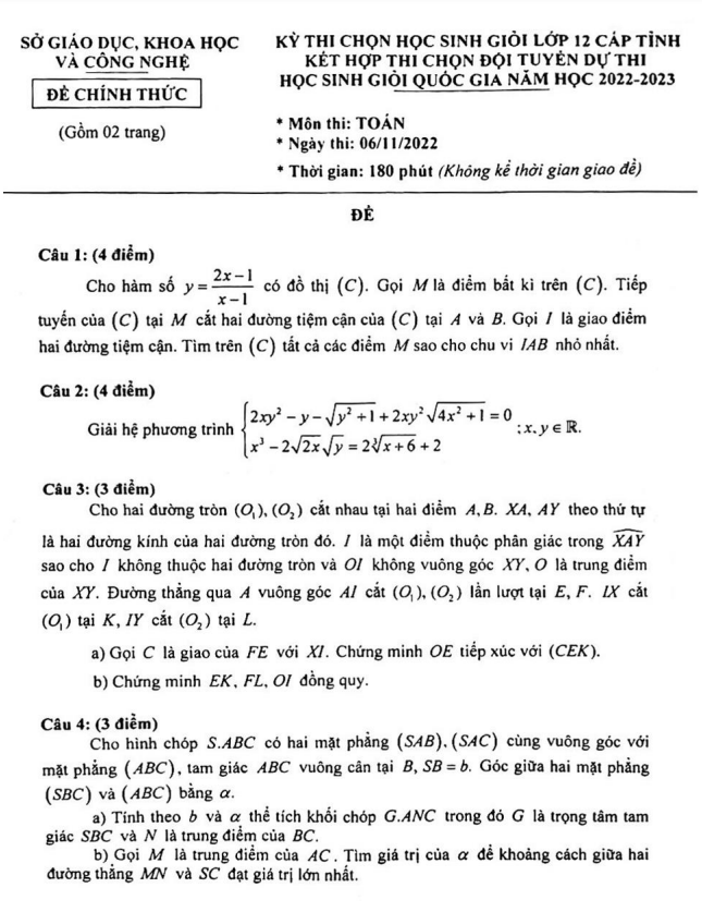 Đề học sinh giỏi Toán 12 cấp tỉnh năm 2022 – 2023 sở GDKHCN Bạc Liêu
