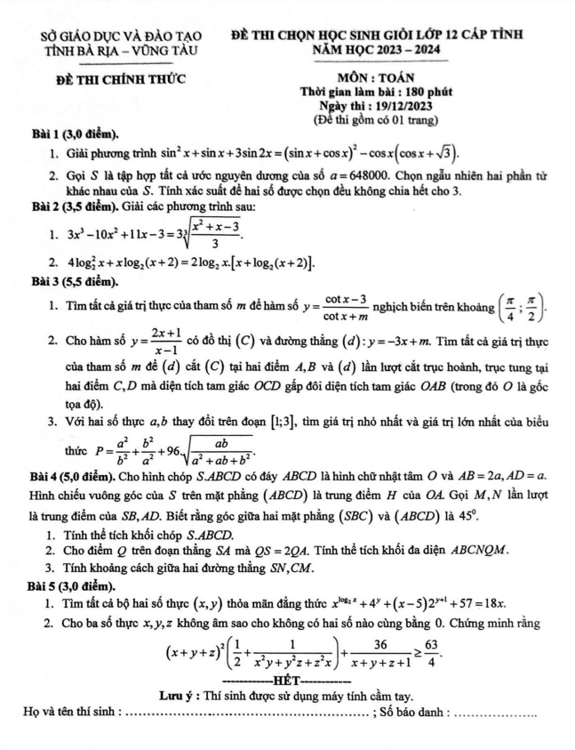 Đề học sinh giỏi Toán 12 cấp tỉnh năm 2023 – 2024 sở GD&ĐT Bà Rịa – Vũng Tàu