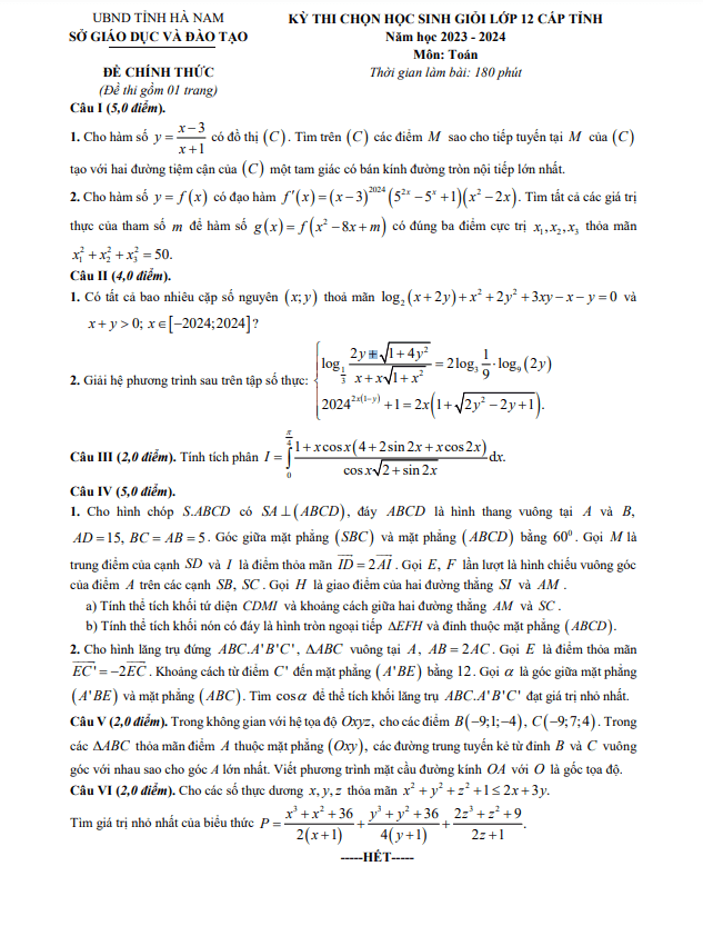 Đề học sinh giỏi Toán 12 cấp tỉnh năm 2023 – 2024 sở GD&ĐT Hà Nam