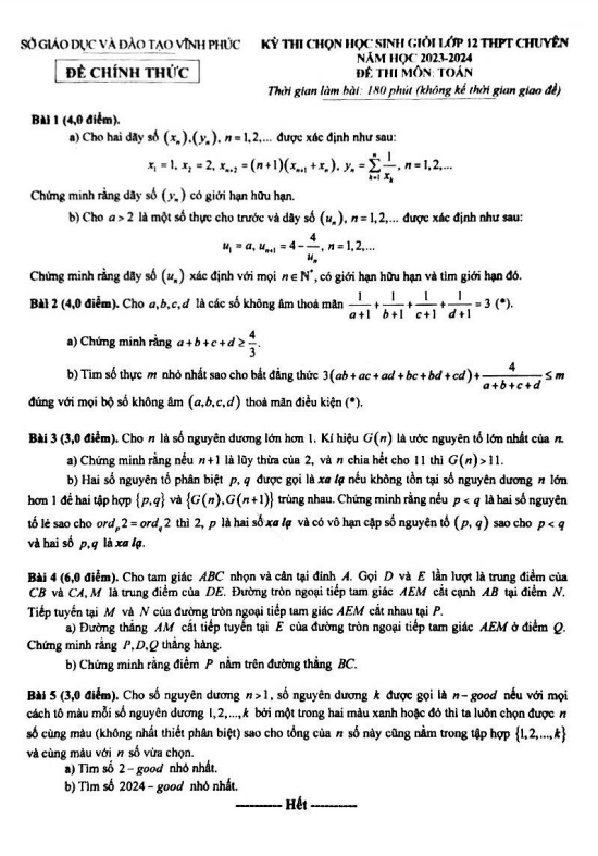 Đề học sinh giỏi Toán 12 chuyên năm 2023 – 2024 sở GD&ĐT Vĩnh Phúc