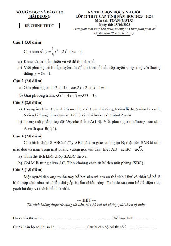 Đề học sinh giỏi Toán 12 GDTX cấp tỉnh năm 2023 – 2024 sở GD&ĐT Hải Dương