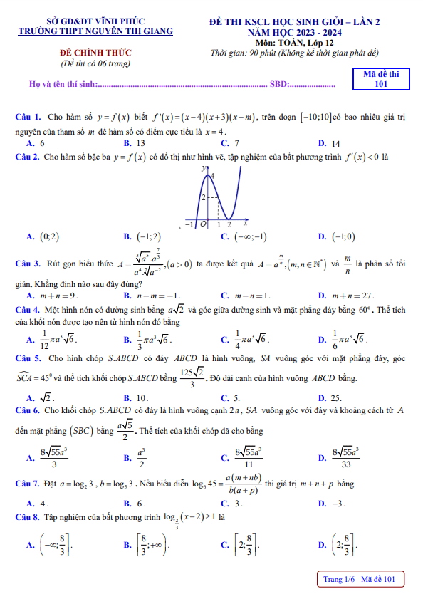 Đề học sinh giỏi Toán 12 lần 2 năm 2023 – 2024 trường THPT Nguyễn Thị Giang – Vĩnh Phúc