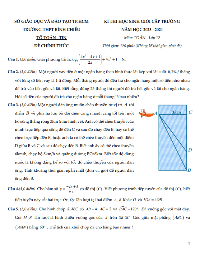 Đề học sinh giỏi Toán 12 năm 2023 – 2024 trường THPT Bình Chiểu – TP HCM