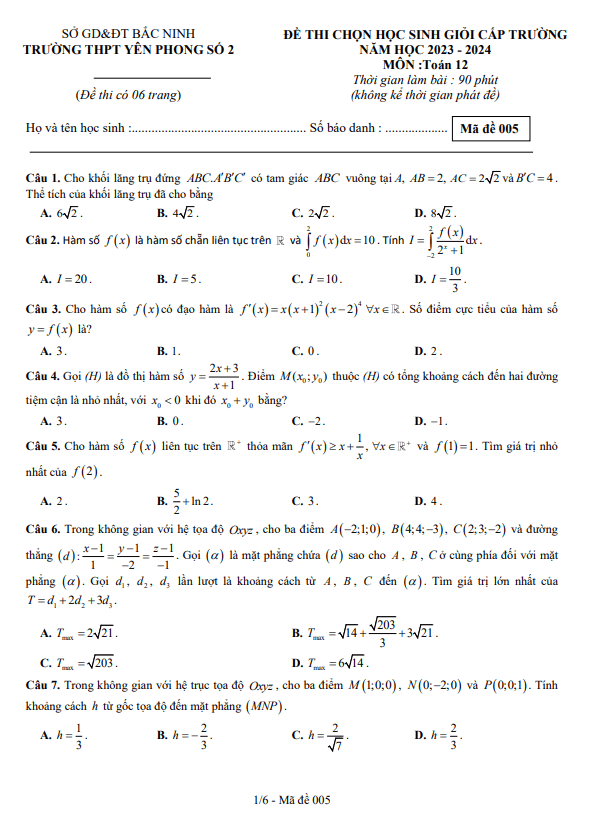 Đề học sinh giỏi Toán 12 năm 2023 – 2024 trường THPT Yên Phong 2 – Bắc Ninh