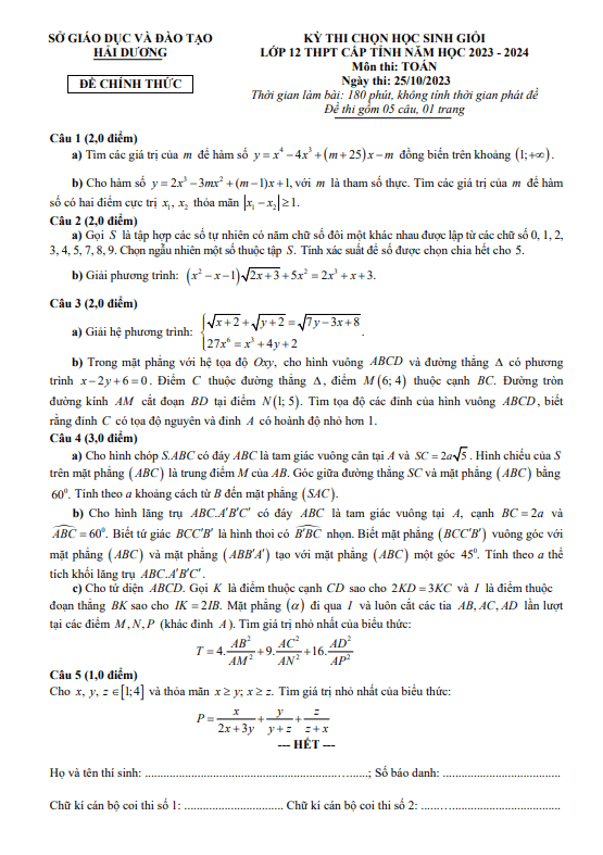 Đề học sinh giỏi Toán 12 THPT cấp tỉnh năm 2023 – 2024 sở GD&ĐT Hải Dương