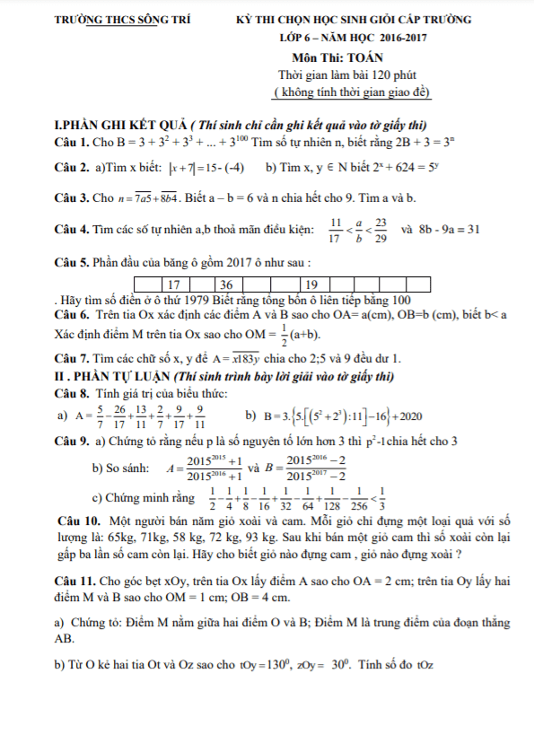 Đề học sinh giỏi Toán 6 cấp trường năm 2016 – 2017 trường THCS Sông Trí – Hà Tĩnh
