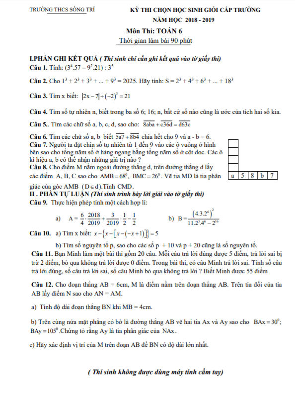 Đề học sinh giỏi Toán 6 cấp trường năm 2018 – 2019 trường THCS Sông Trí – Hà Tĩnh
