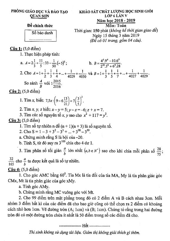 Đề học sinh giỏi Toán 6 năm 2018 – 2019 lần 5 phòng GD&ĐT Quan Sơn – Thanh Hóa