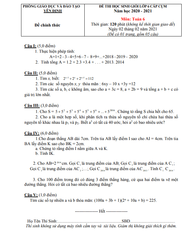 Đề học sinh giỏi Toán 6 năm 2020 – 2021 phòng GD&ĐT Yên Định – Thanh Hóa