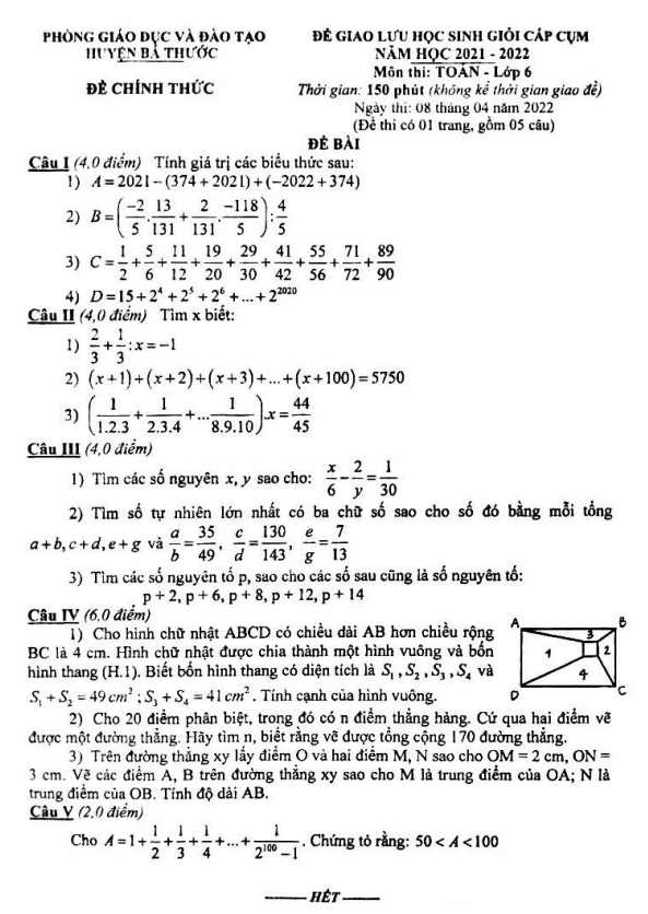 Đề học sinh giỏi Toán 6 năm 2021 – 2022 phòng GD&ĐT Bá Thước – Thanh Hoá