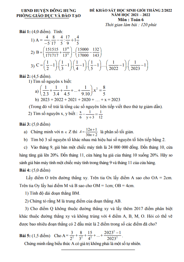 Đề học sinh giỏi Toán 6 năm 2021 – 2022 phòng GD&ĐT Đông Hưng – Thái Bình