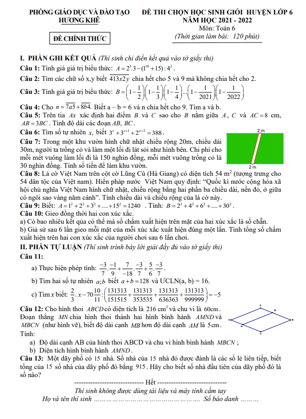 Đề học sinh giỏi Toán 6 năm 2021 – 2022 phòng GD&ĐT Hương Khê – Hà Tĩnh
