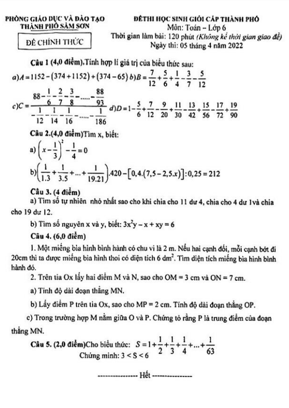 Đề học sinh giỏi Toán 6 năm 2021 – 2022 phòng GD&ĐT Sầm Sơn – Thanh Hóa