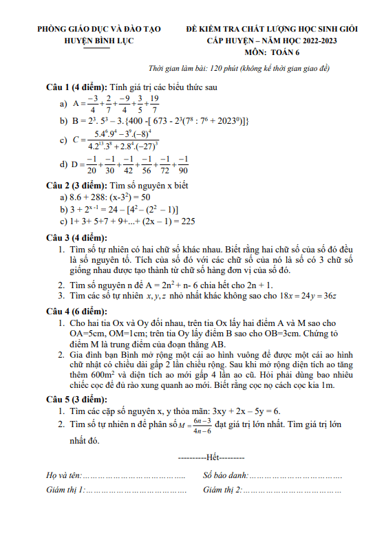 Đề học sinh giỏi Toán 6 năm 2022 – 2023 phòng GD&ĐT Bình Lục – Hà Nam