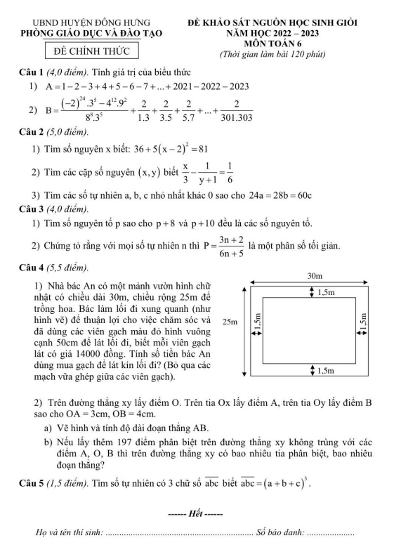 Đề học sinh giỏi Toán 6 năm 2022 – 2023 phòng GD&ĐT Đông Hưng – Thái Bình