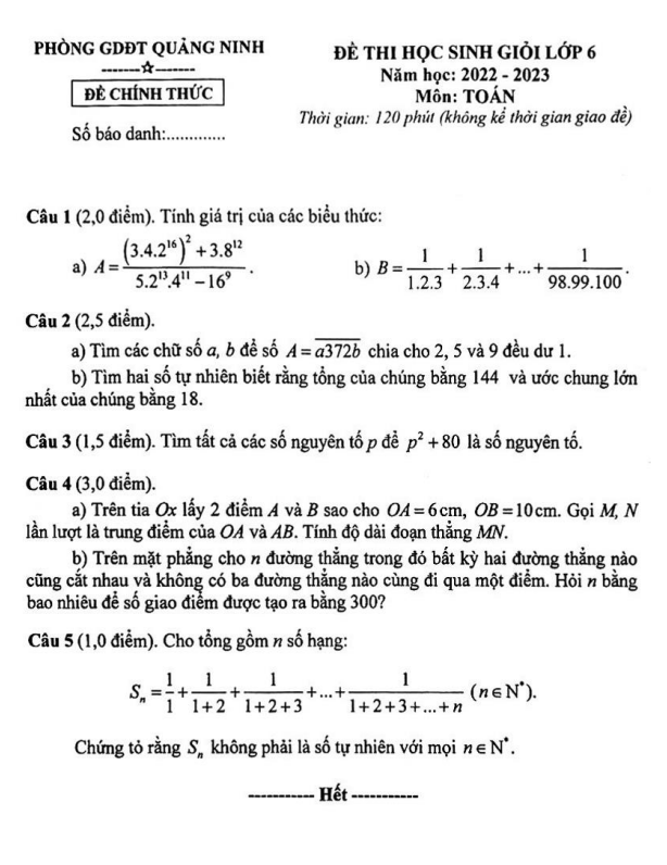 Đề học sinh giỏi Toán 6 năm 2022 – 2023 phòng GD&ĐT Quảng Ninh – Quảng Bình