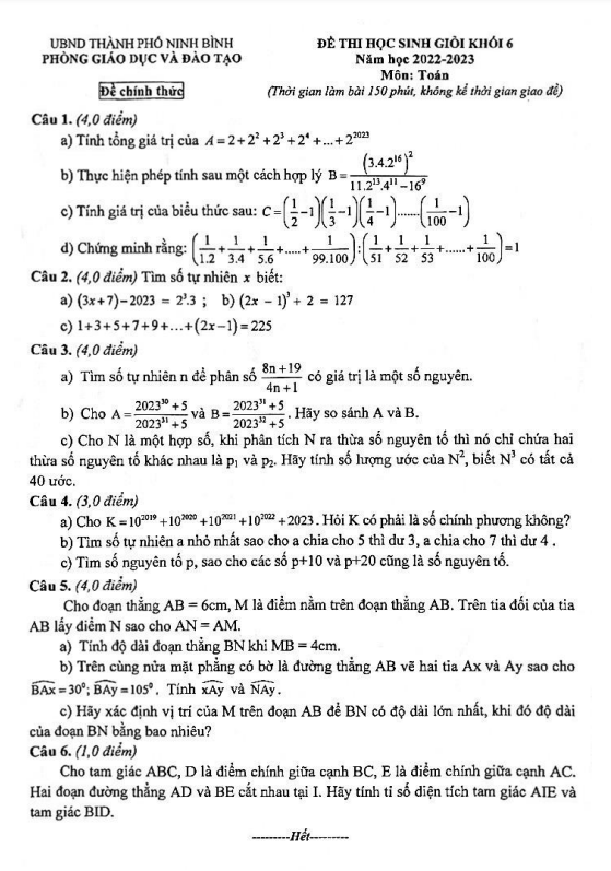 Đề học sinh giỏi Toán 6 năm 2022 – 2023 phòng GD&ĐT thành phố Ninh Bình