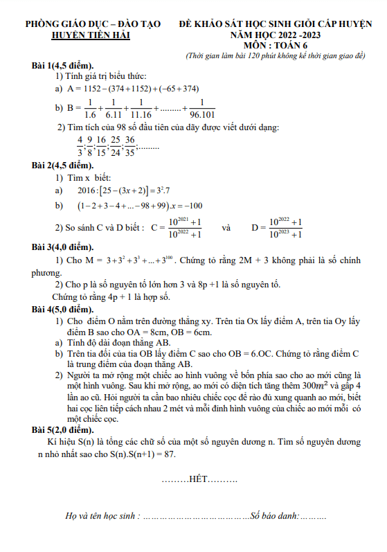 Đề học sinh giỏi Toán 6 năm 2022 – 2023 phòng GD&ĐT Tiền Hải – Thái Bình