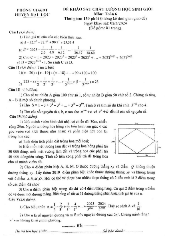 Đề học sinh giỏi Toán 6 năm 2023 – 2024 phòng GD&ĐT Hậu Lộc – Thanh Hóa