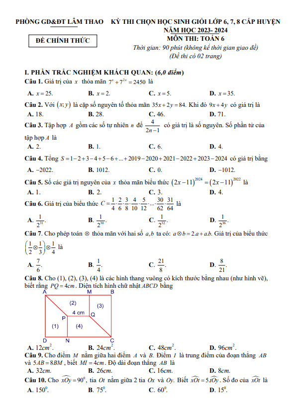 Đề học sinh giỏi Toán 6 năm 2023 – 2024 phòng GD&ĐT Lâm Thao – Phú Thọ