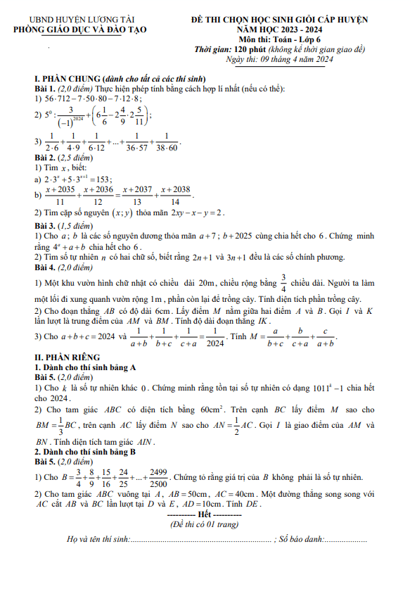 Đề học sinh giỏi Toán 6 năm 2023 – 2024 phòng GD&ĐT Lương Tài – Bắc Ninh
