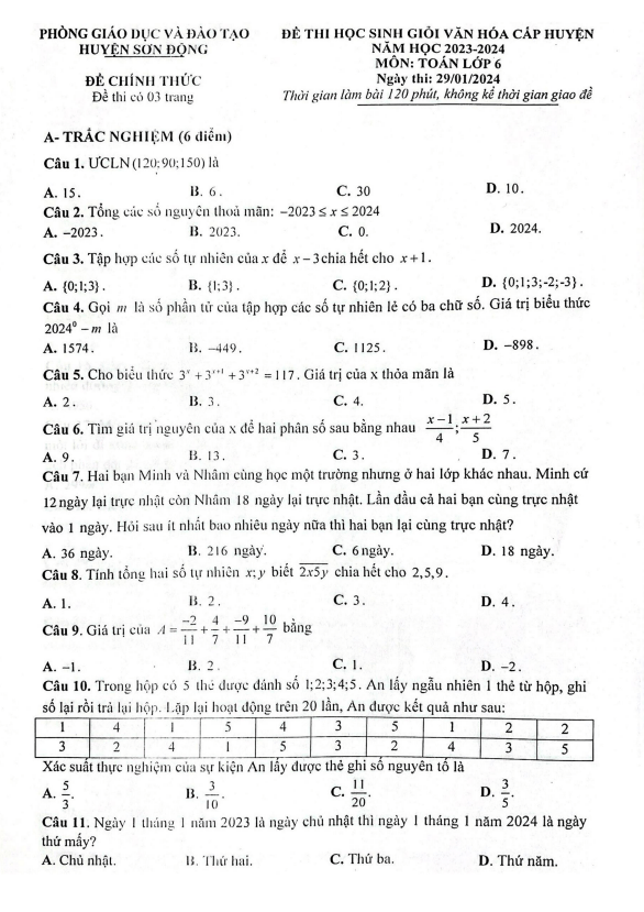 Đề học sinh giỏi Toán 6 năm 2023 – 2024 phòng GD&ĐT Sơn Động – Bắc Giang