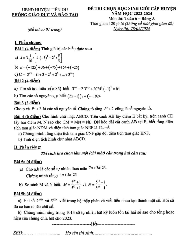Đề học sinh giỏi Toán 6 năm 2023 – 2024 phòng GD&ĐT Tiên Du – Bắc Ninh