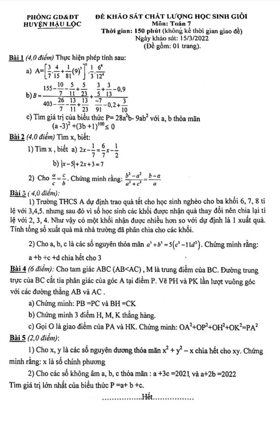Đề học sinh giỏi Toán 7 năm 2021 – 2022 phòng GD&ĐT Hậu Lộc – Thanh Hóa