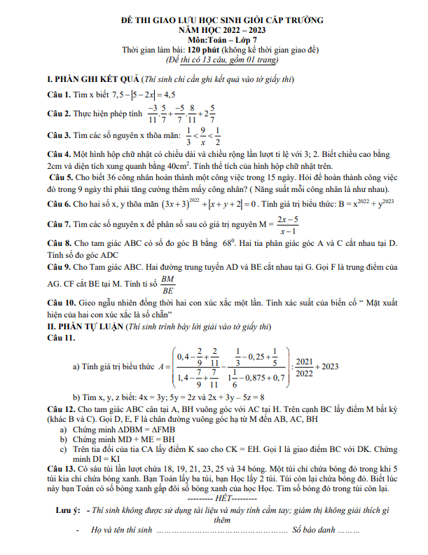 Đề học sinh giỏi Toán 7 năm 2022 – 2023 phòng GD&ĐT Can Lộc – Hà Tĩnh