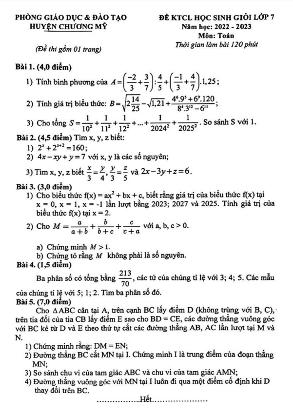 Đề học sinh giỏi Toán 7 năm 2022 – 2023 phòng GD&ĐT Chương Mỹ – Hà Nội