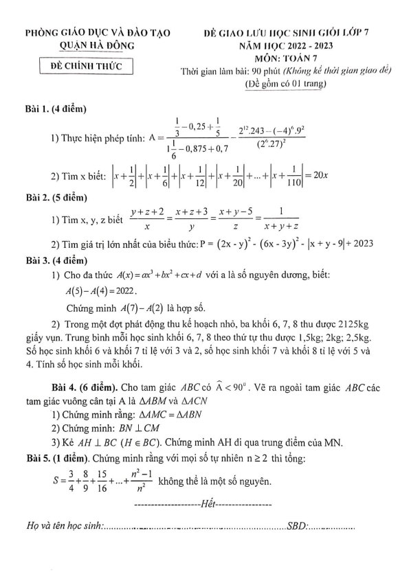 Đề học sinh giỏi Toán 7 năm 2022 – 2023 phòng GD&ĐT Hà Đông – Hà Nội