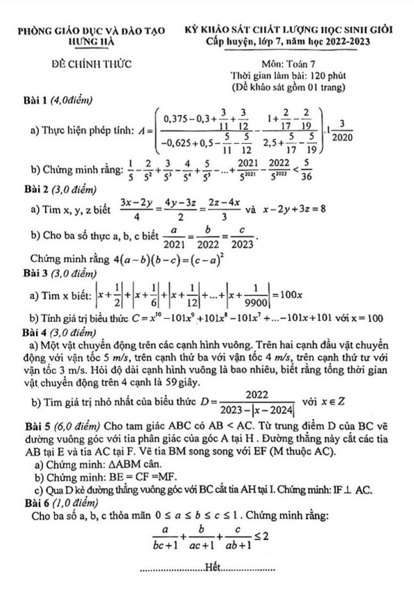Đề học sinh giỏi Toán 7 năm 2022 – 2023 phòng GD&ĐT Hưng Hà – Thái Bình