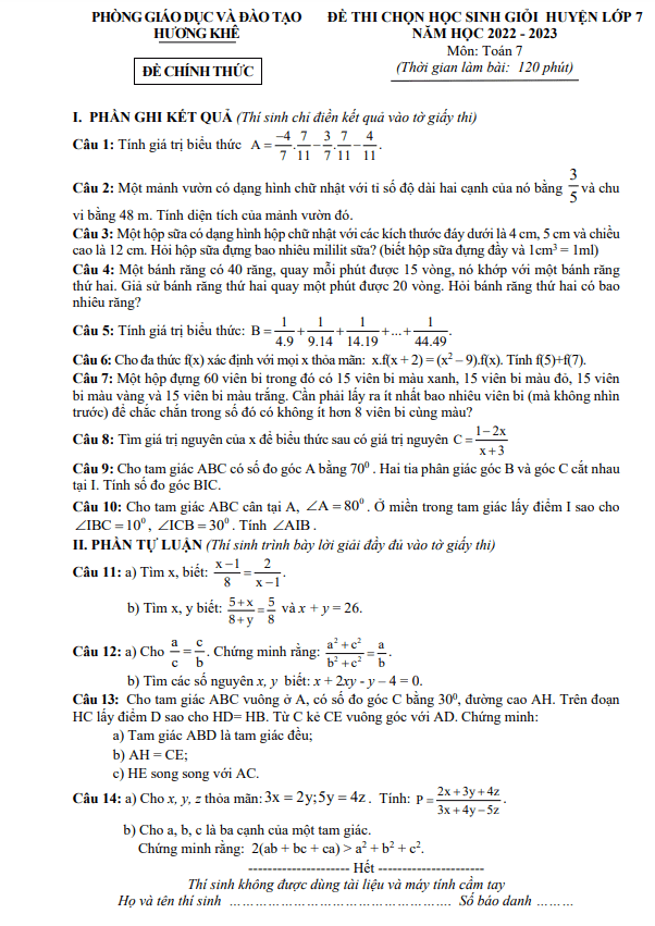 Đề học sinh giỏi Toán 7 năm 2022 – 2023 phòng GD&ĐT Hương Khê – Hà Tĩnh