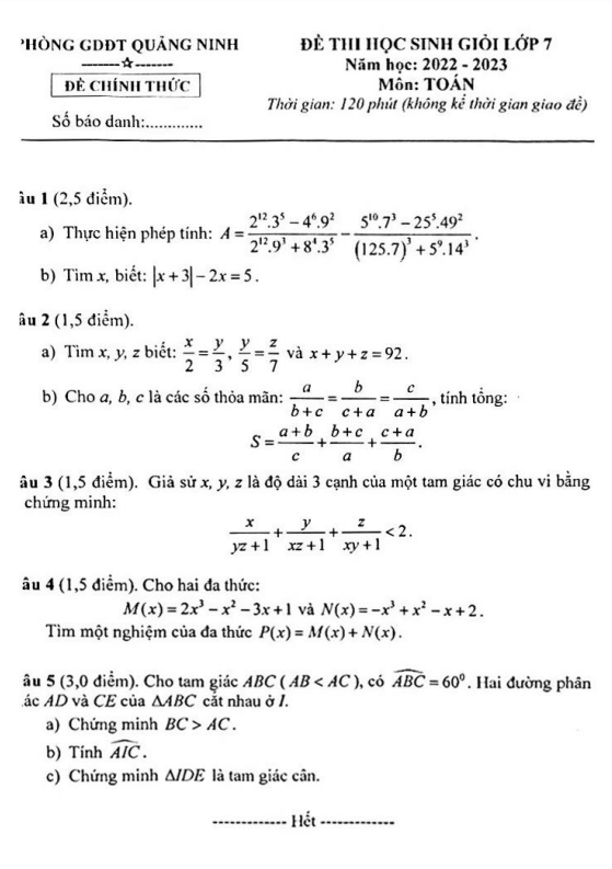 Đề học sinh giỏi Toán 7 năm 2022 – 2023 phòng GD&ĐT Quảng Ninh – Quảng Bình