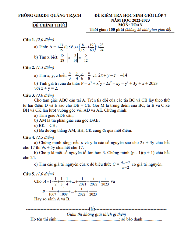 Đề học sinh giỏi Toán 7 năm 2022 – 2023 phòng GD&ĐT Quảng Trạch – Quảng Bình