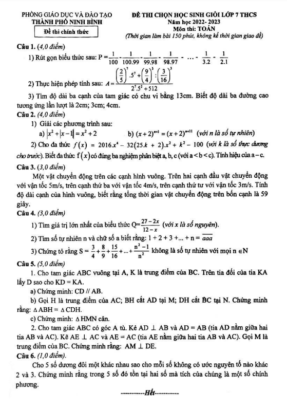Đề học sinh giỏi Toán 7 năm 2022 – 2023 phòng GD&ĐT thành phố Ninh Bình