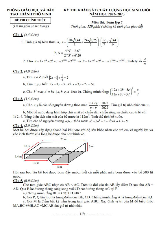 Đề học sinh giỏi Toán 7 năm 2022 – 2023 phòng GD&ĐT thành phố Vinh – Nghệ An