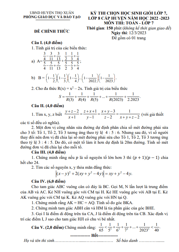 Đề học sinh giỏi Toán 7 năm 2022 – 2023 phòng GD&ĐT Thọ Xuân – Thanh Hoá