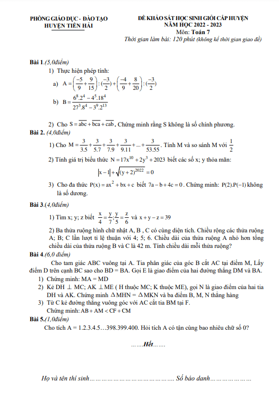 Đề học sinh giỏi Toán 7 năm 2022 – 2023 phòng GD&ĐT Tiền Hải – Thái Bình