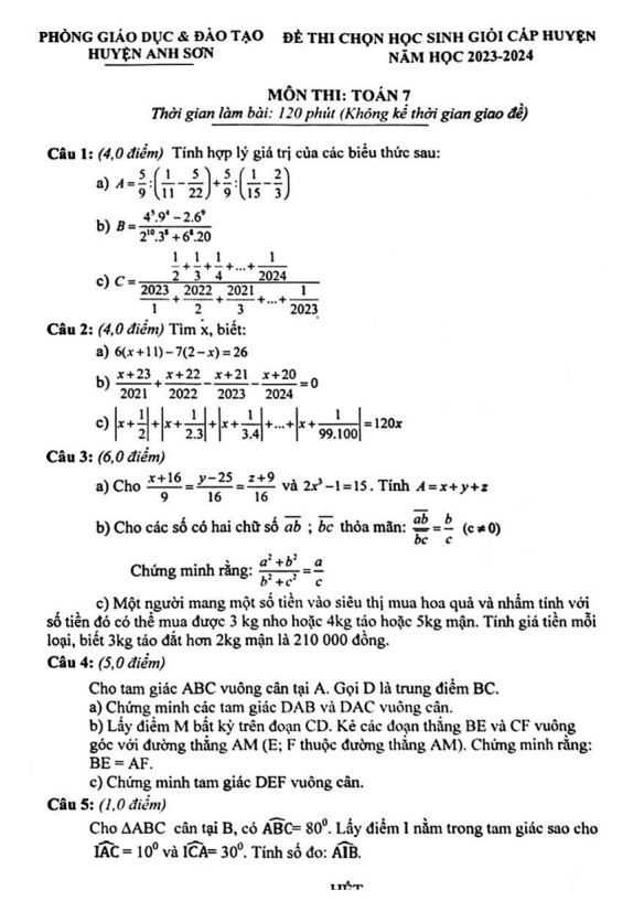 Đề học sinh giỏi Toán 7 năm 2023 – 2024 phòng GD&ĐT Anh Sơn – Nghệ An