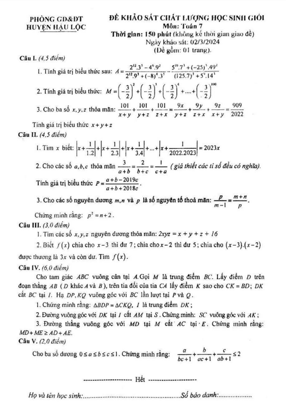 Đề học sinh giỏi Toán 7 năm 2023 – 2024 phòng GD&ĐT Hậu Lộc – Thanh Hóa