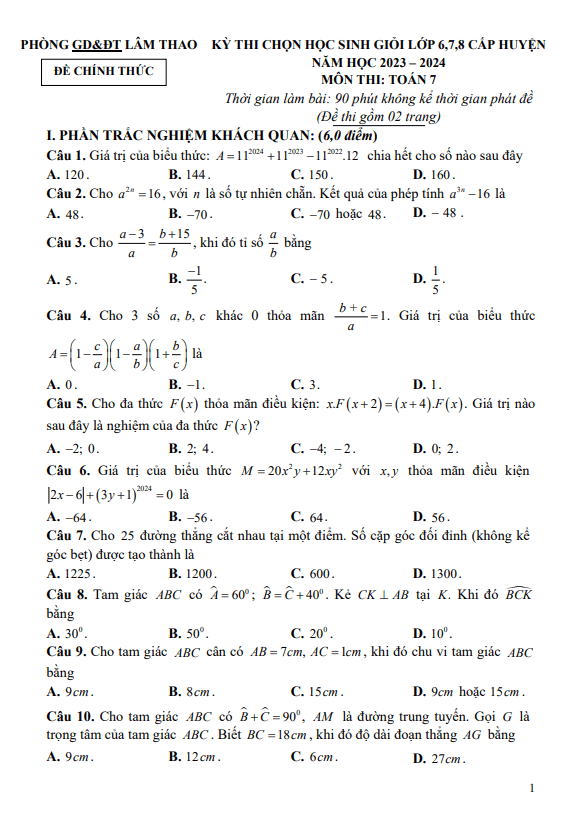 Đề học sinh giỏi Toán 7 năm 2023 – 2024 phòng GD&ĐT Lâm Thao – Phú Thọ