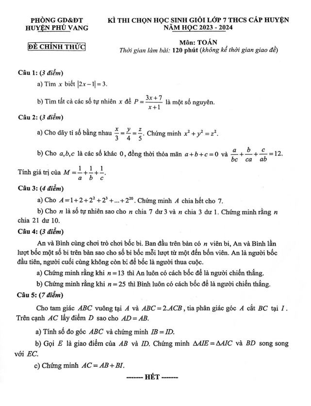 Đề học sinh giỏi Toán 7 năm 2023 – 2024 phòng GD&ĐT Phú Vang – TT Huế