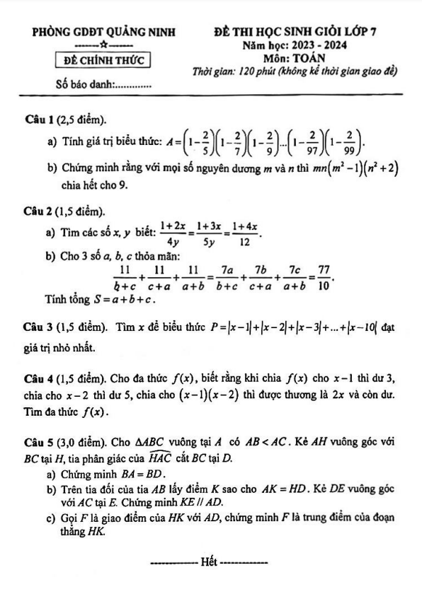Đề học sinh giỏi Toán 7 năm 2023 – 2024 phòng GD&ĐT Quảng Ninh – Quảng Bình